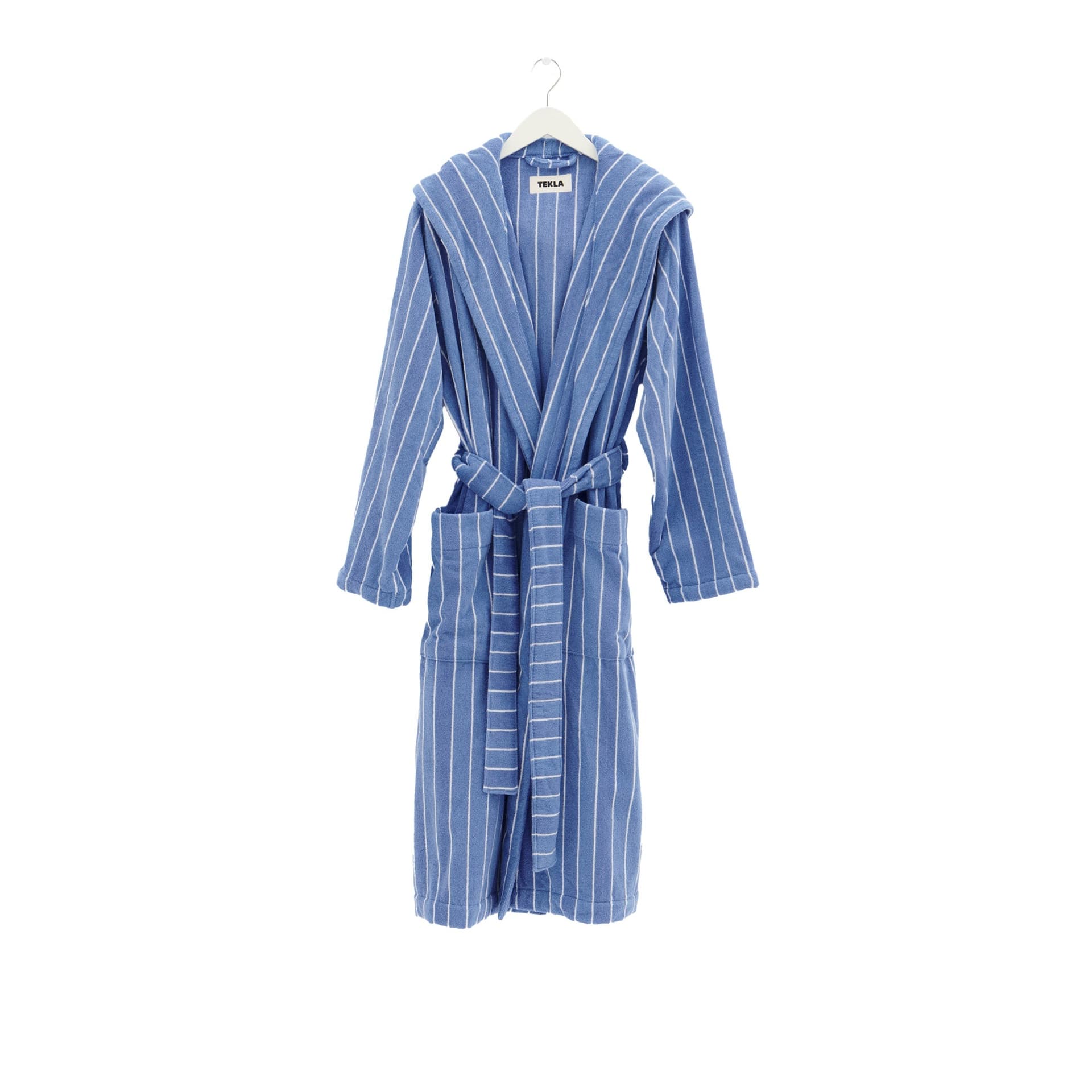 Tekla - Hooded Bathrobe - Striped - Marseille - Large - Badekåper - Hvit,Blå - Bomull
