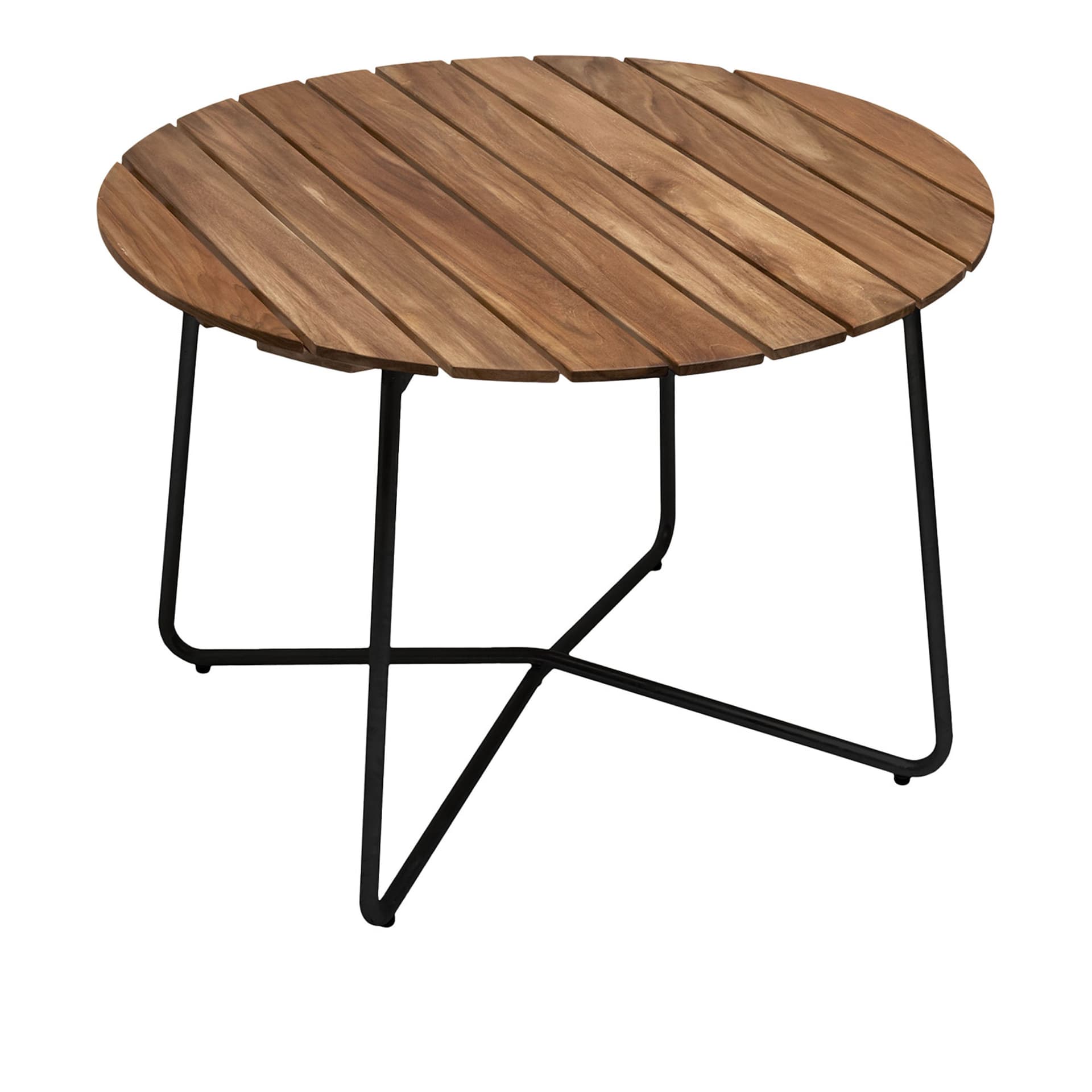 Grythyttan Stålmöbler - Bord 9A Ø100cm svart stativ ubehandlet teak - Utendørs spisebord - Tre farget