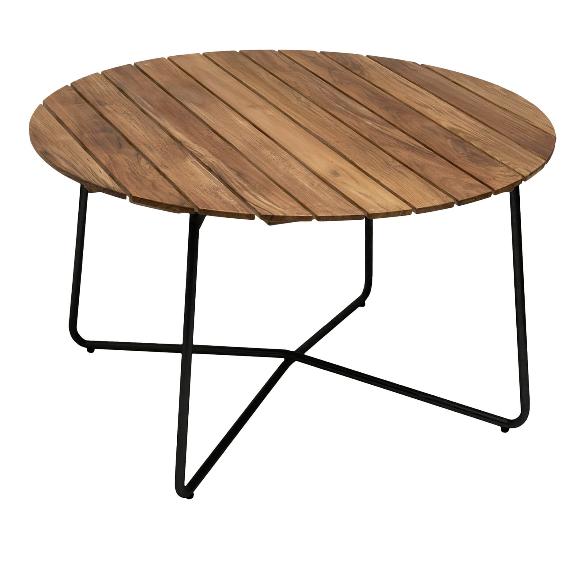 Grythyttan Stålmöbler - Bord 9A Ø120cm svart stativ ubehandlet teak - Utendørs spisebord - Tre farget