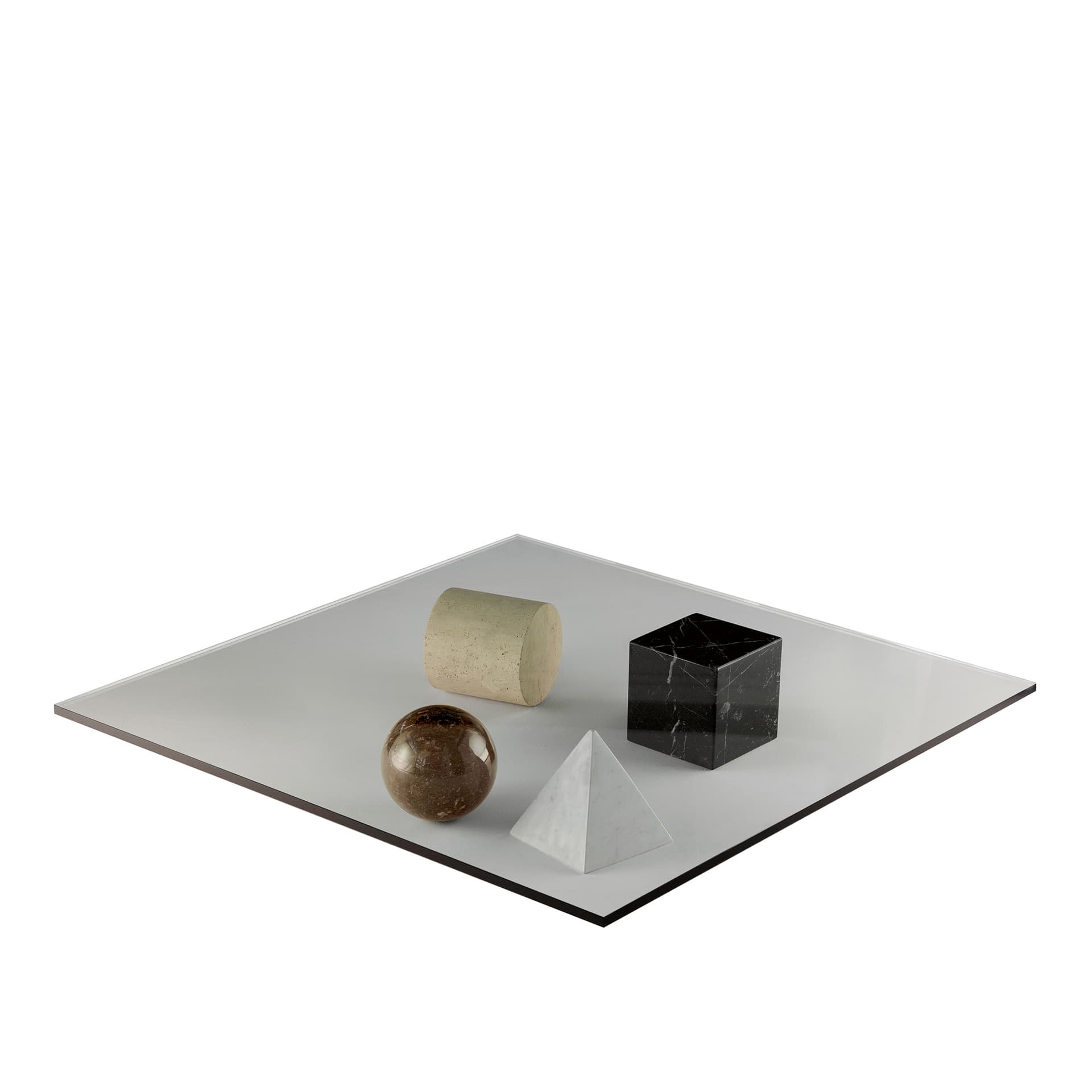Martinelli Luce - Metafora Coffee Table, Pyramid: Carrara, Cube: Marquina, Cylinder: Travertine, Sphere: Rasotica - Sofabord - Lella & Massimo Vignelli - Gjennomsiktig - Glass/Stein