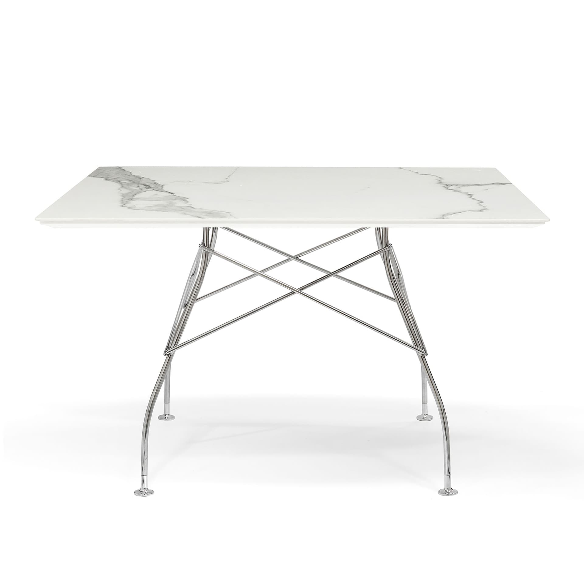Kartell - Glossy Square Table 118x118 Marble Top, Chrome-plated Steel Frame White - Spisebord - Antonio Citterio - Hvit - Metall/Stein