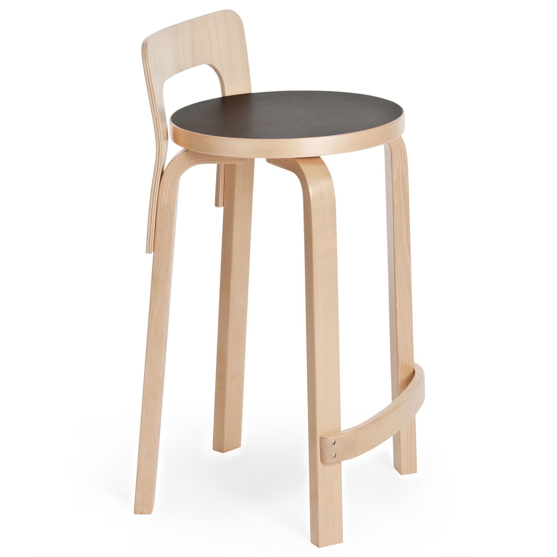 Artek - High Chair K65, Klarlackade ben och ryggstöd, Svart linoleum sits - Barstoler & barkrakker - Alvar Aalto - Tre farget - Tre/Plast