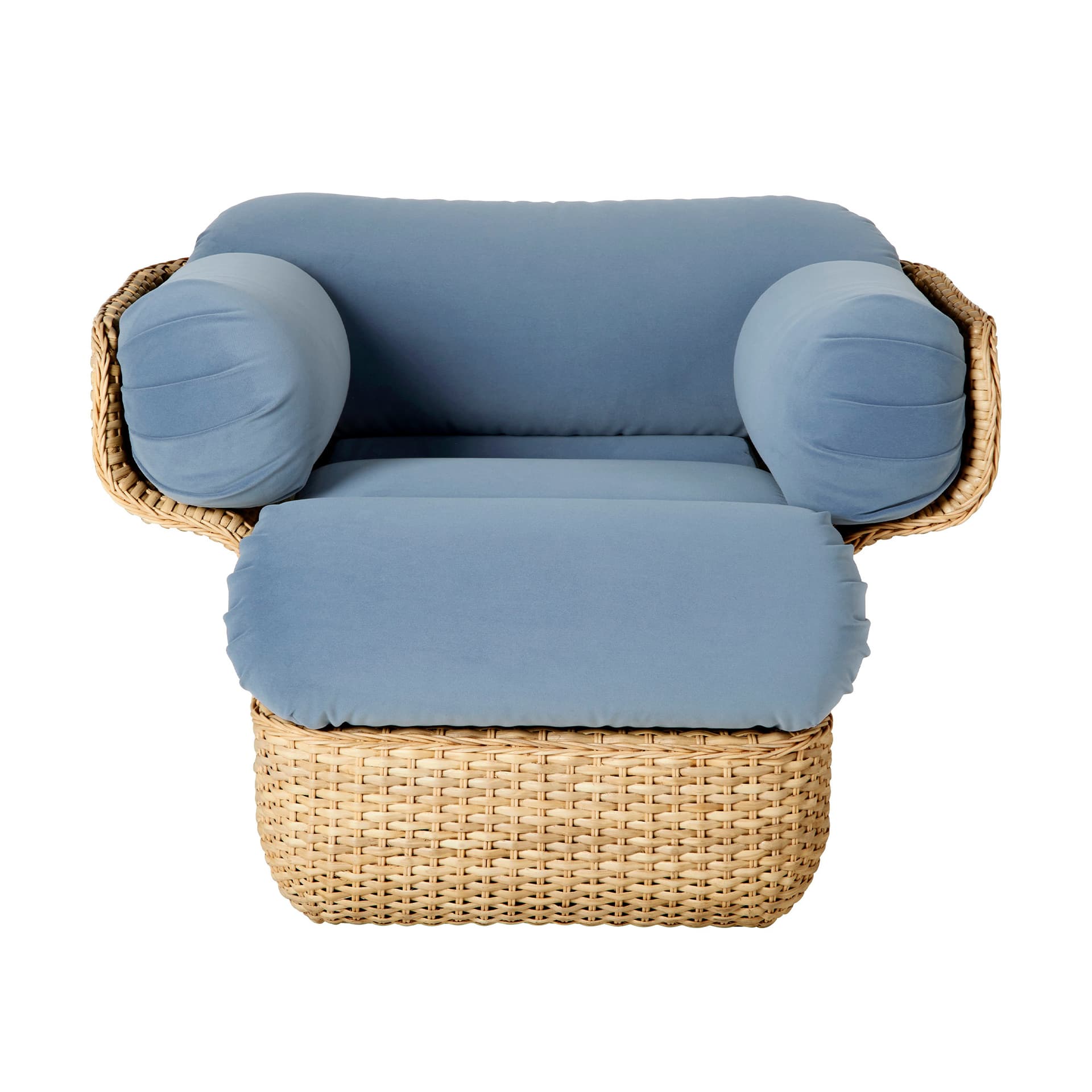 Gubi - Basket Lounge Chair - Fully Upholstered Rattan Sunday 002, Dedar - Lenestoler - Joe Colombo - Blå - Metall/Tre/Tekstilmateriale/Skum