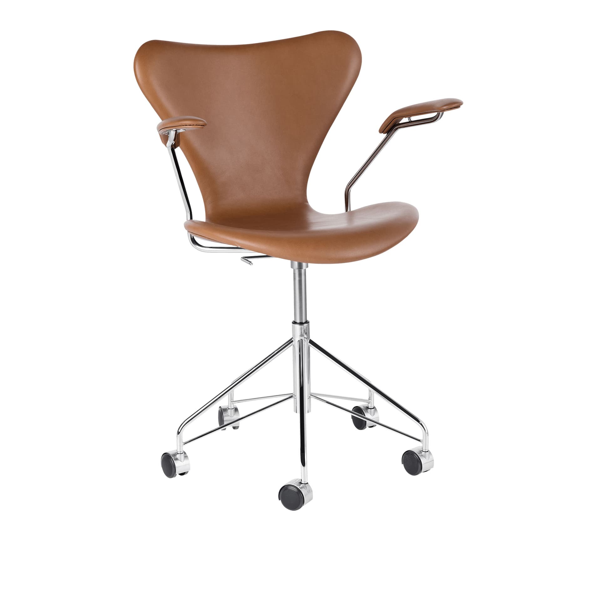 Fritz Hansen - 3217 Sjuan - Helklädd, Läder, Soft Walnut - Kontorstoler - Arne Jacobsen - Brun