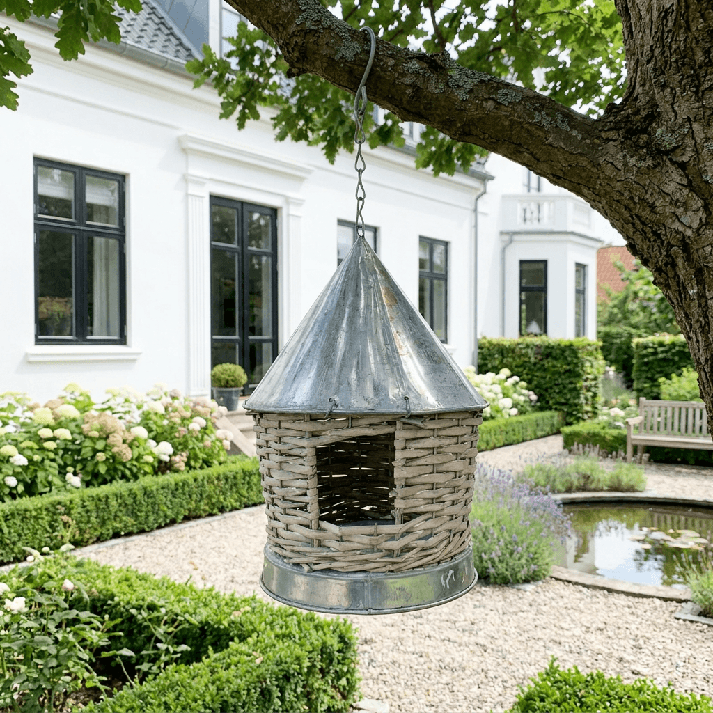 Fuglehus i pil med ståltag – Håndlavet Redekasse - Ø28×H30 cm