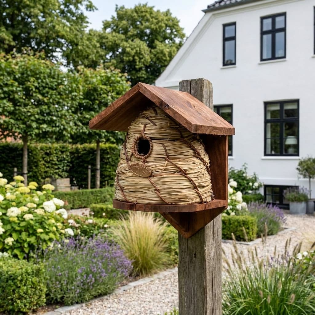 Fuglehus bikube i FSC® fyrretræ & siv – 19,2×19,2×H26,3 cm