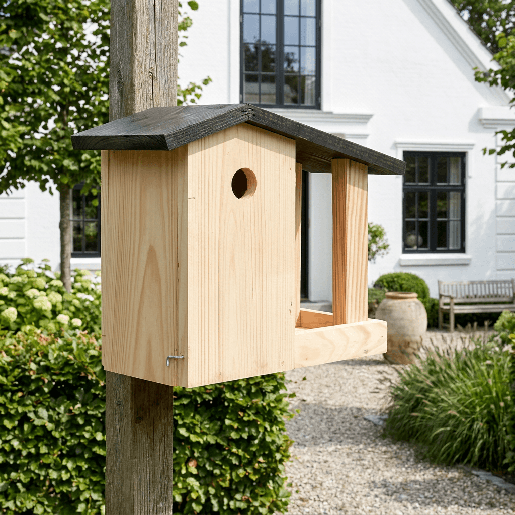 Fuglehus & fuglefoderhus 2-i-1 i fyrretræ – 27,1×13,7×H23,6 cm