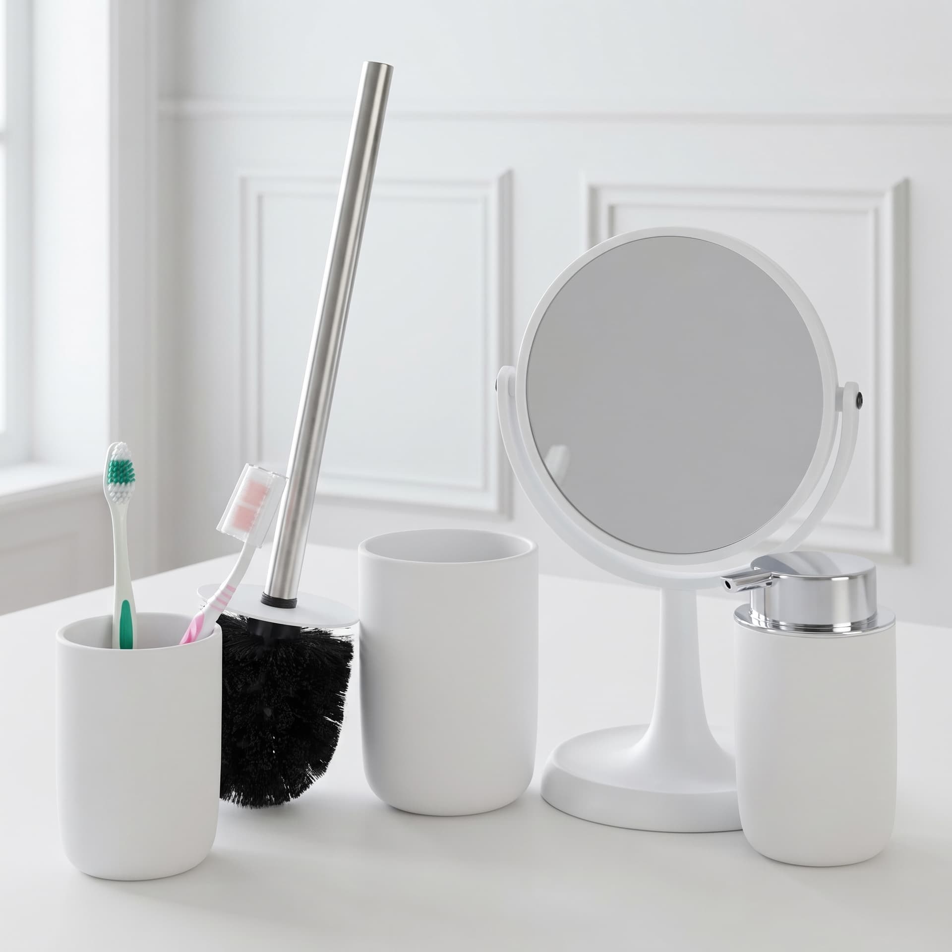Badeværelsessæt i hvid – 4 Dele med toiletbørste, sæbedispenser, tandbørstekop & makeup-spejl