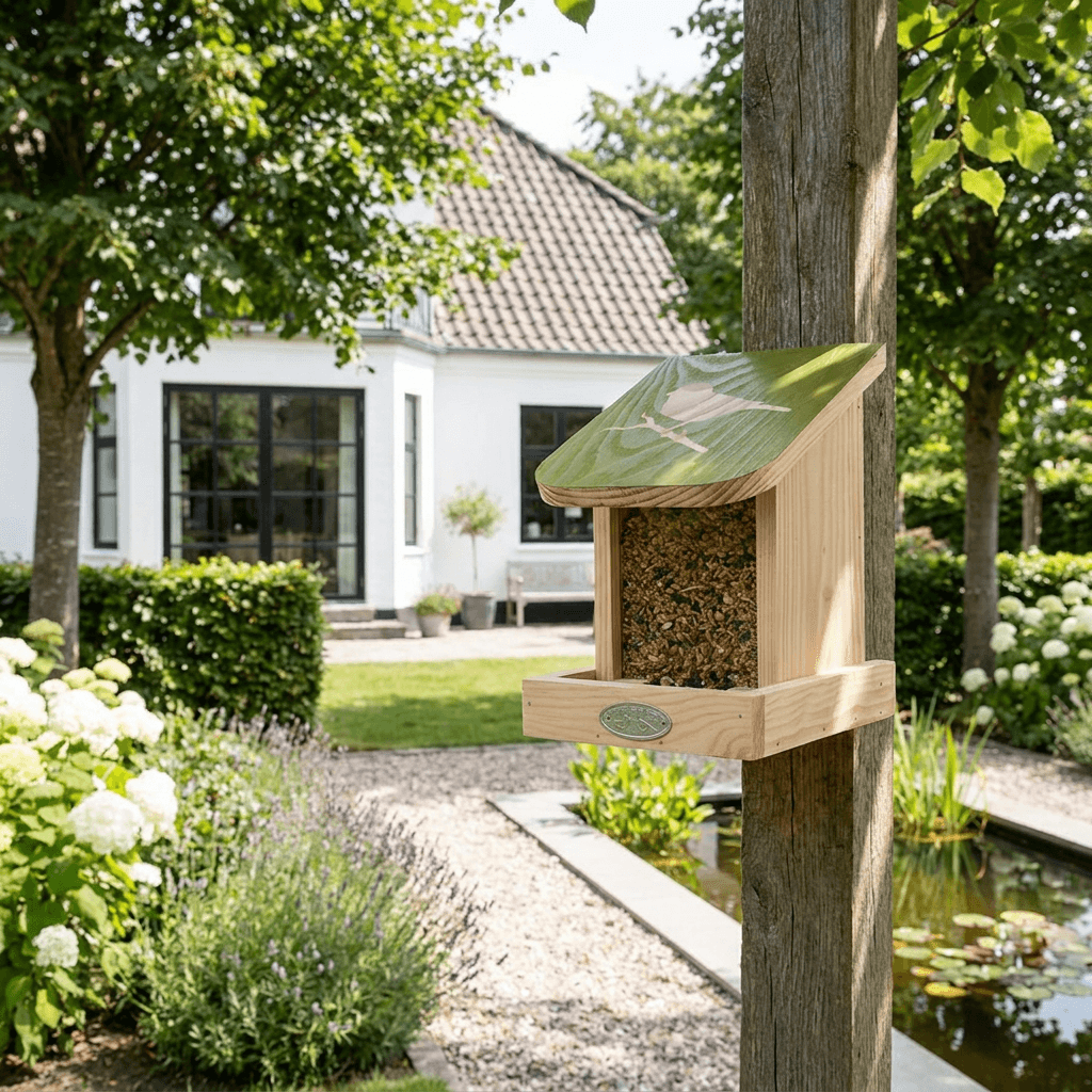Fuglefoderautomat i FSC® fyrretræ med silo – 14,7×16,8×H20,2 cm