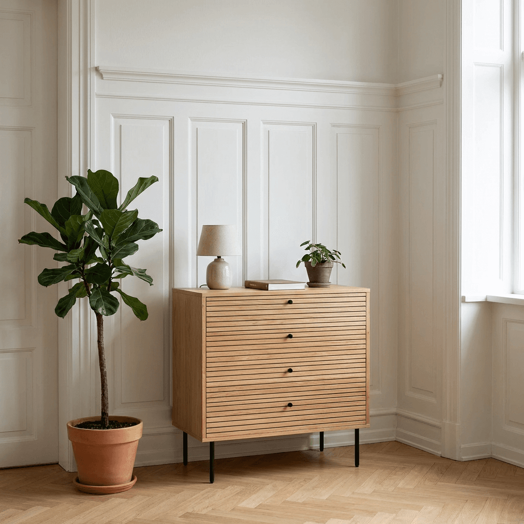 Kommode natur i egefiner med sorte metalben - 4 skuffer (80 cm)