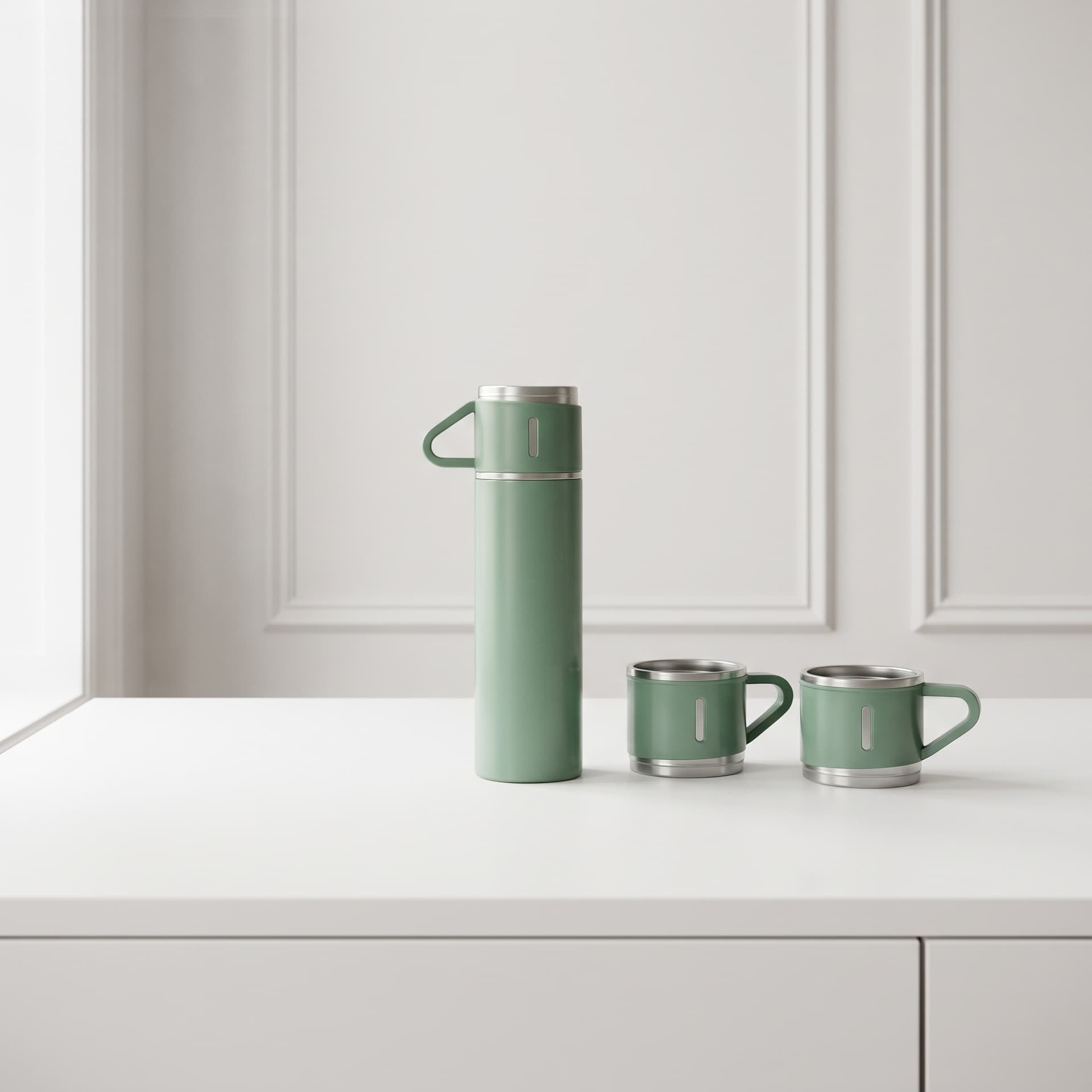 Grøn termokande 400 ml med 3 Kopper – Rustfrit stål