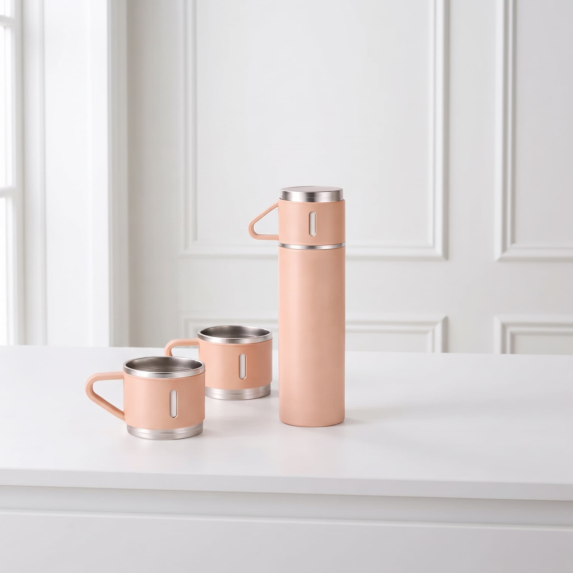 Pink termokande 400 ml med 3 Kopper – Rustfrit stål