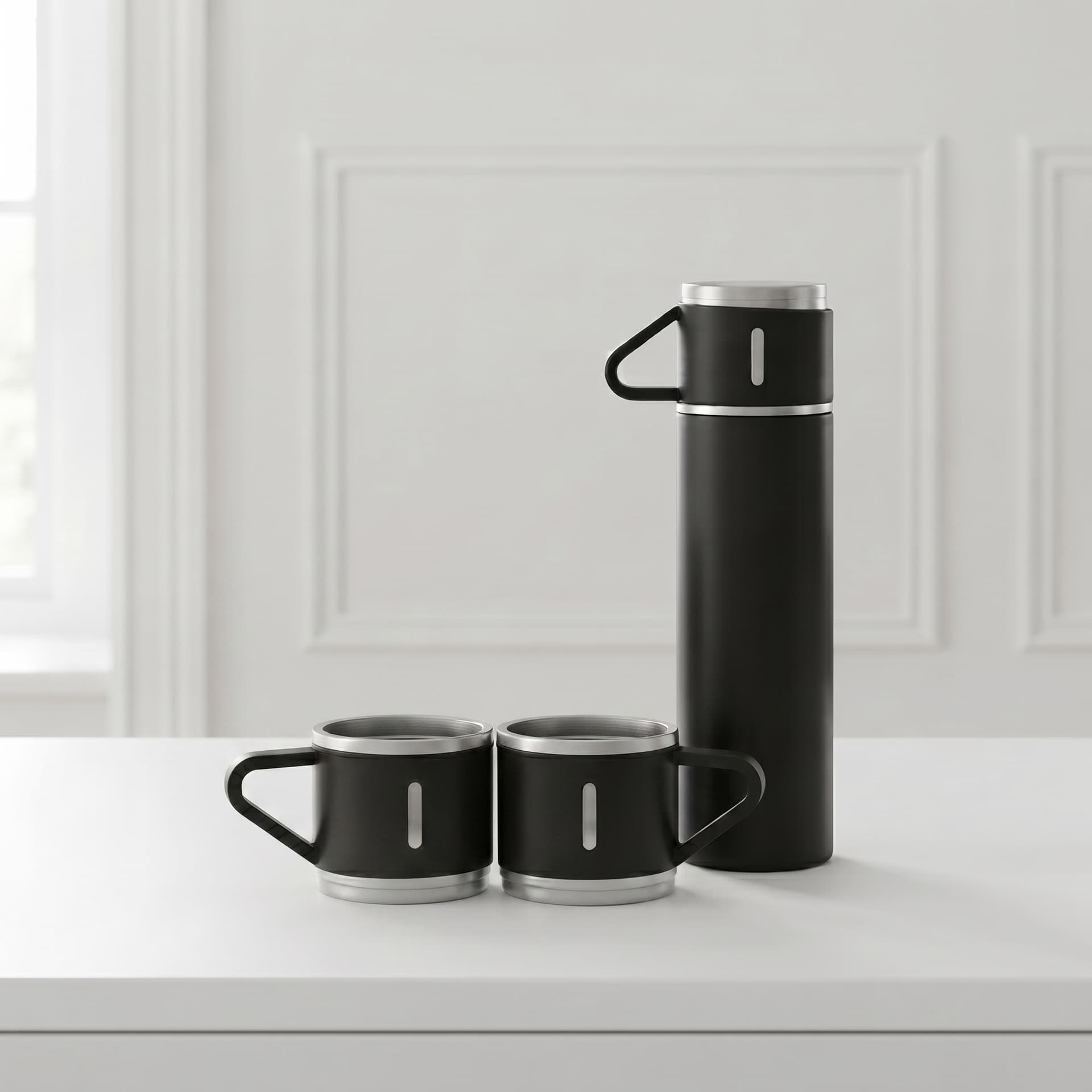 Sort termokande 400 ml med 3 Kopper – Rustfrit stål