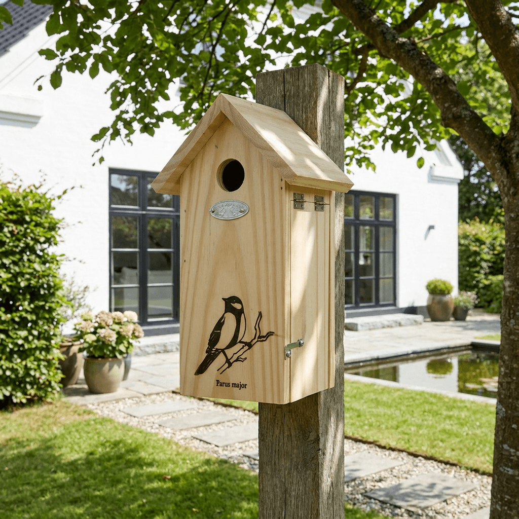 Fuglehus til musvit i fyrretræ med silhuet – 17×14,2×H29,8 cm