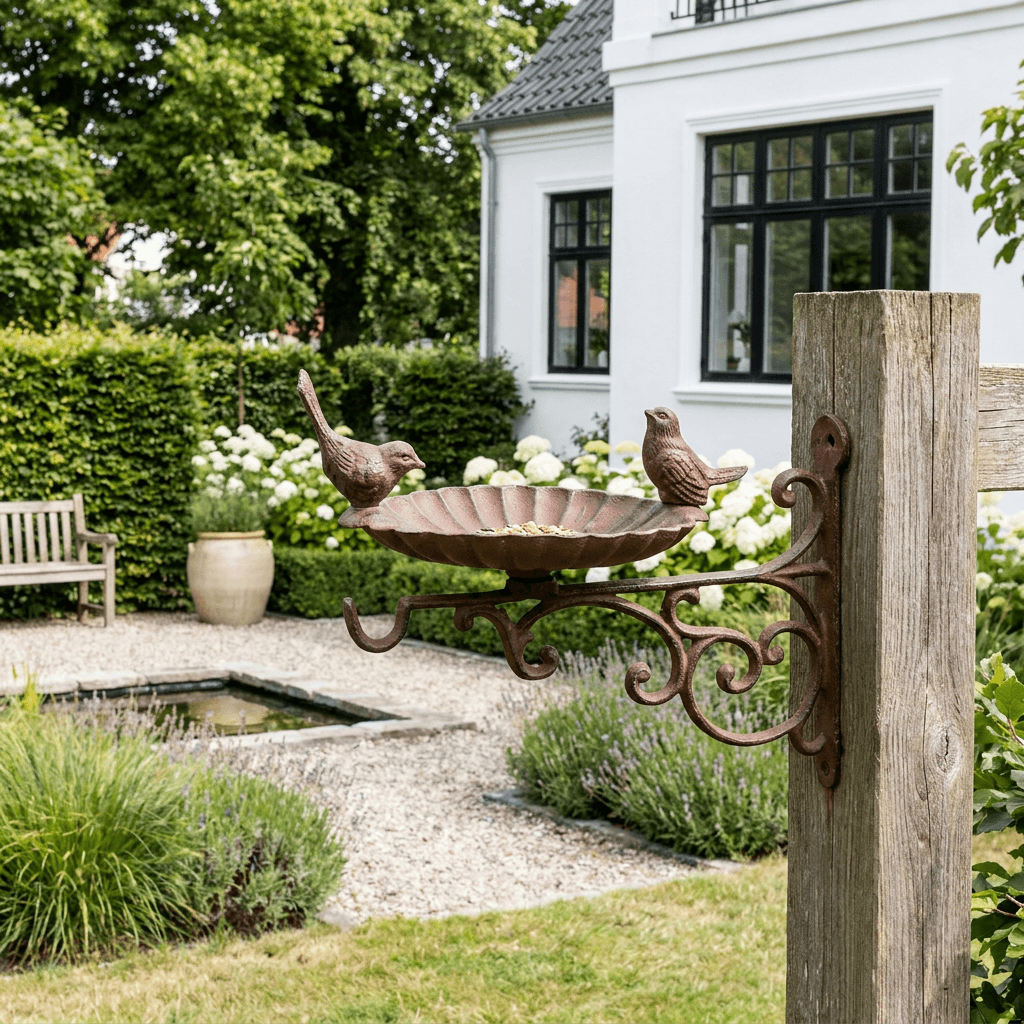 Væghængt fuglebad & fugle foderstation i støbejern – 23,9×28,2×H23,6 cm