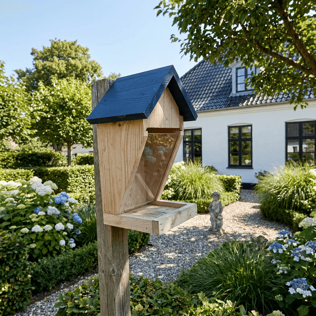 Væghængt fuglefoderautomat natur/sort med plexiglas – 13×15×H25 cm