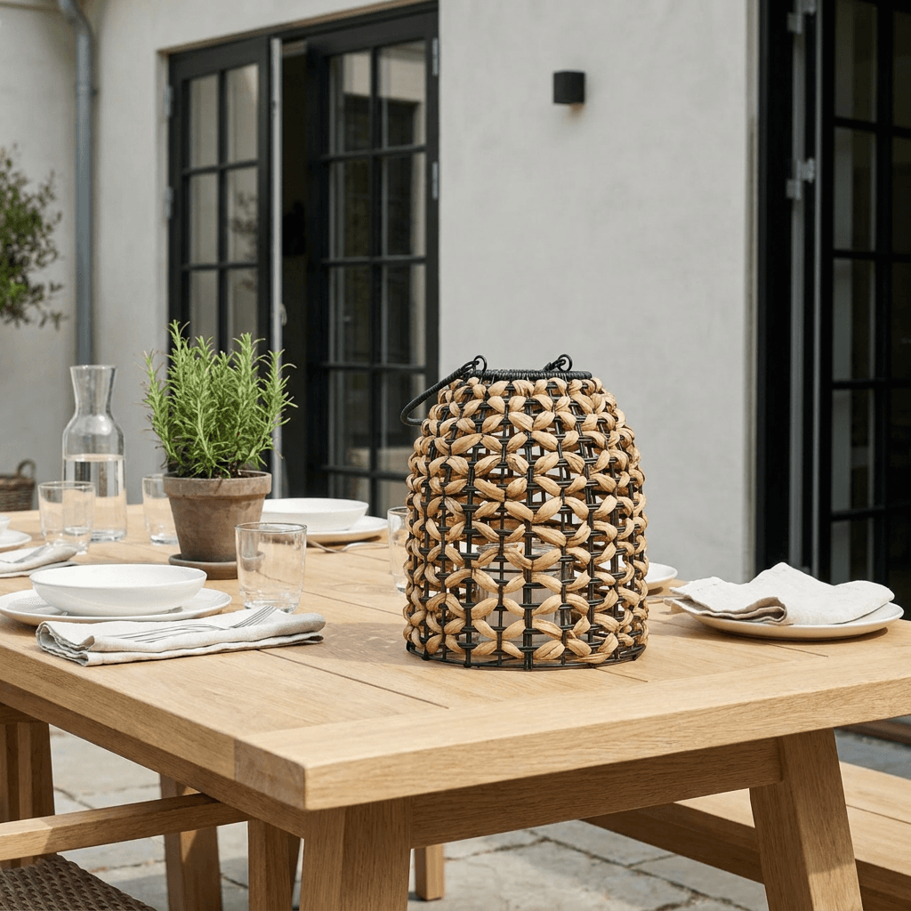 Lanterne i polyrattan & vandhyacint Natur/Sort – Ø24×H28,5 cm