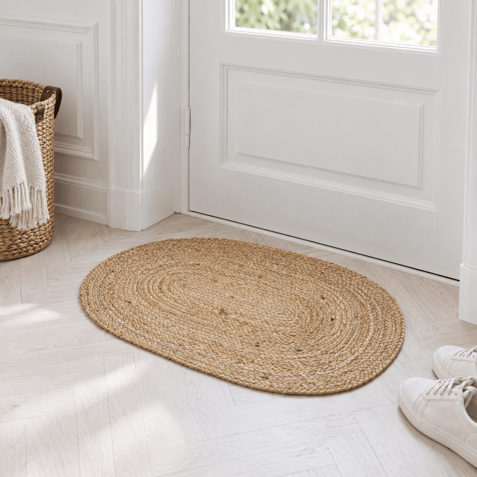 Oval dørmåtte i flettet jute - 50×80 cm