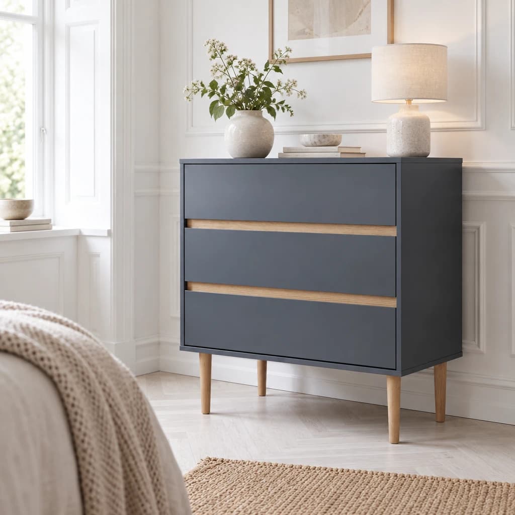 AKSEL – Mørkegrå kommode med 3 skuffer & fyrretræsben – 80 cm