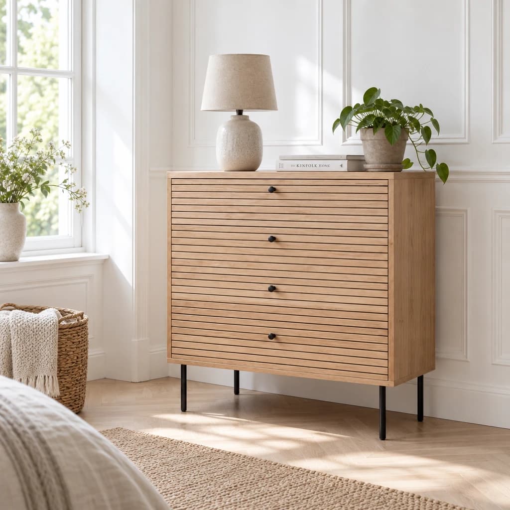 Kommode natur i egefiner med sorte metalben - 4 skuffer (80 cm)