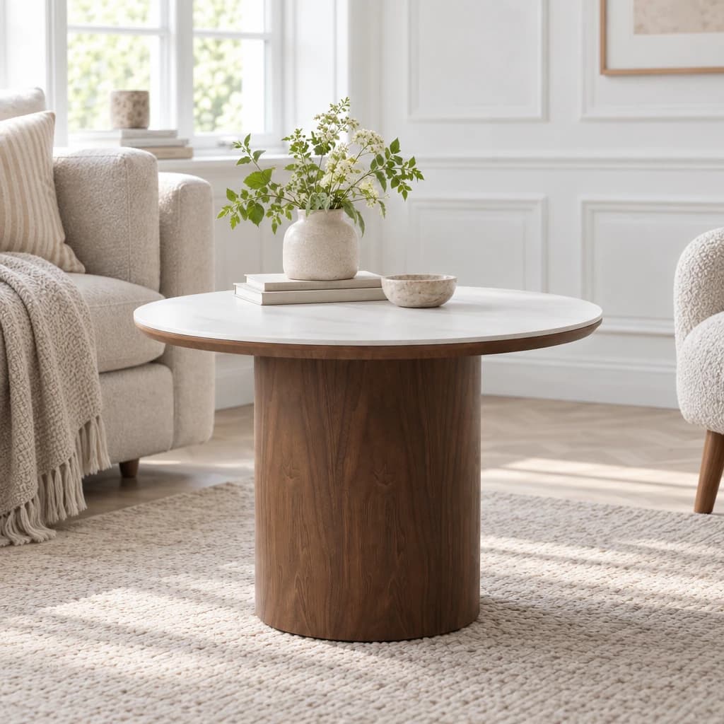 LEANDER – Rundt sofabord med keramisk bordplade & askefiner – Ø60×H42 cm