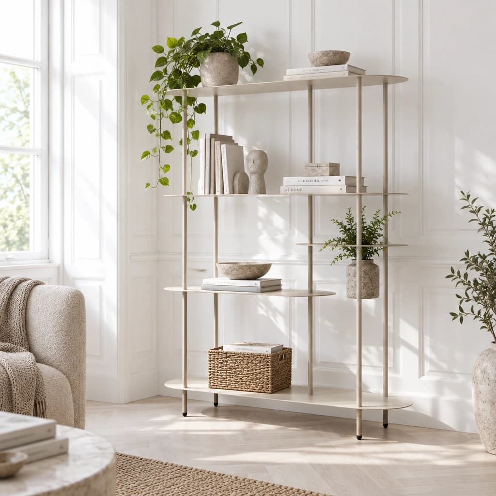 NOAH – Sandfarvet asymmetrisk metalreol med 5 hylder – 118×139 cm
