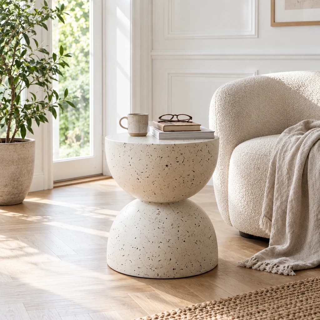 Sidebord i terrazzo look - Off white – Ø40×H45 cm