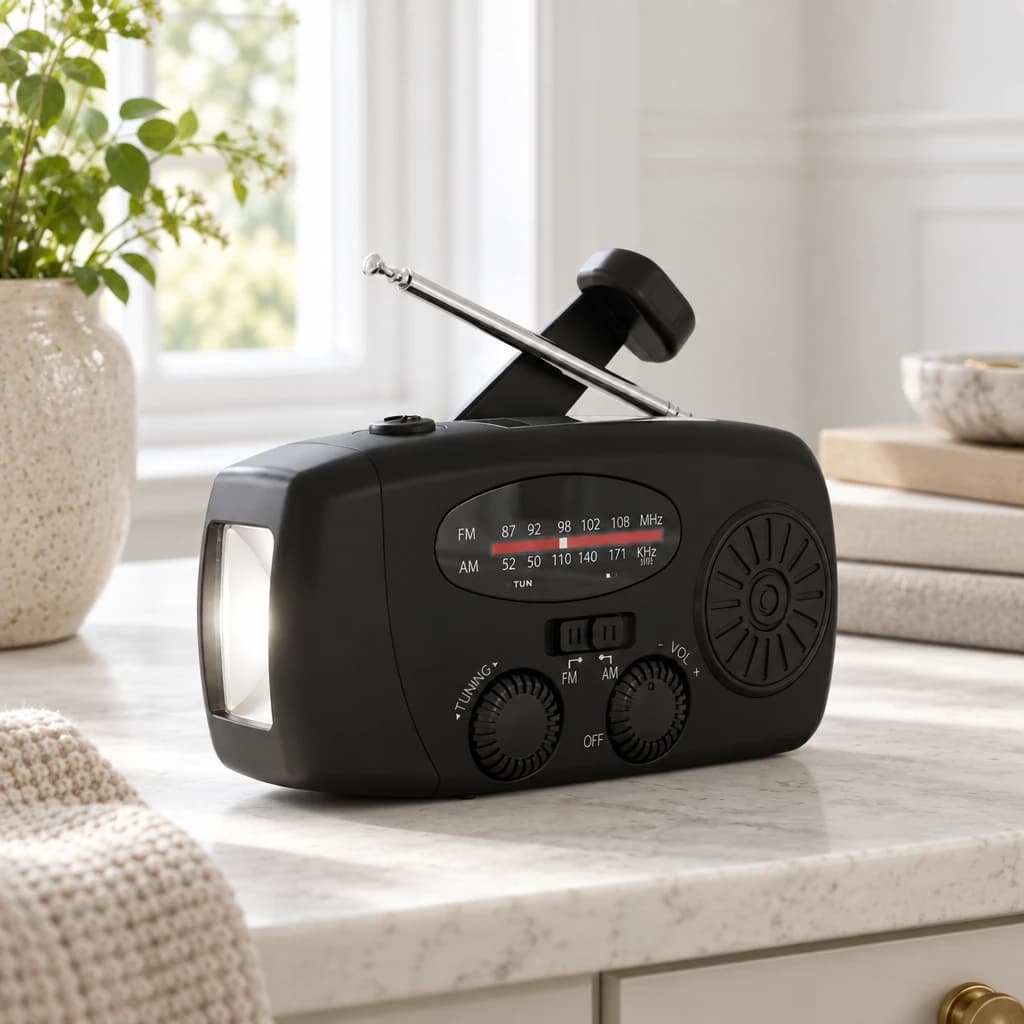 VIGGO - Nødradio med lommelygte og powerbank – solcelle og dynamo – 13×6,5×5 cm