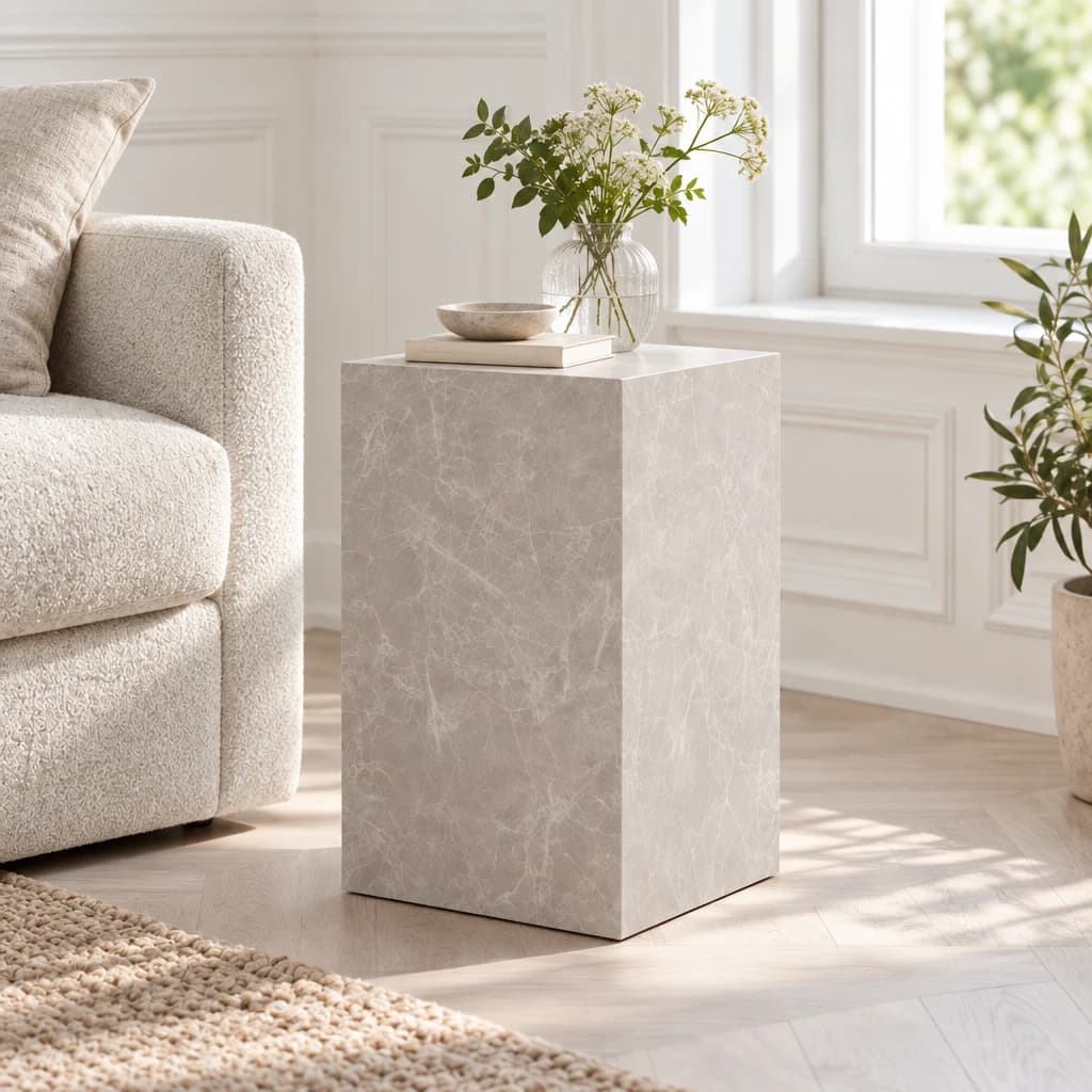 VIOLA – Sidebord i beige marmorlook – 30×30×H50 cm