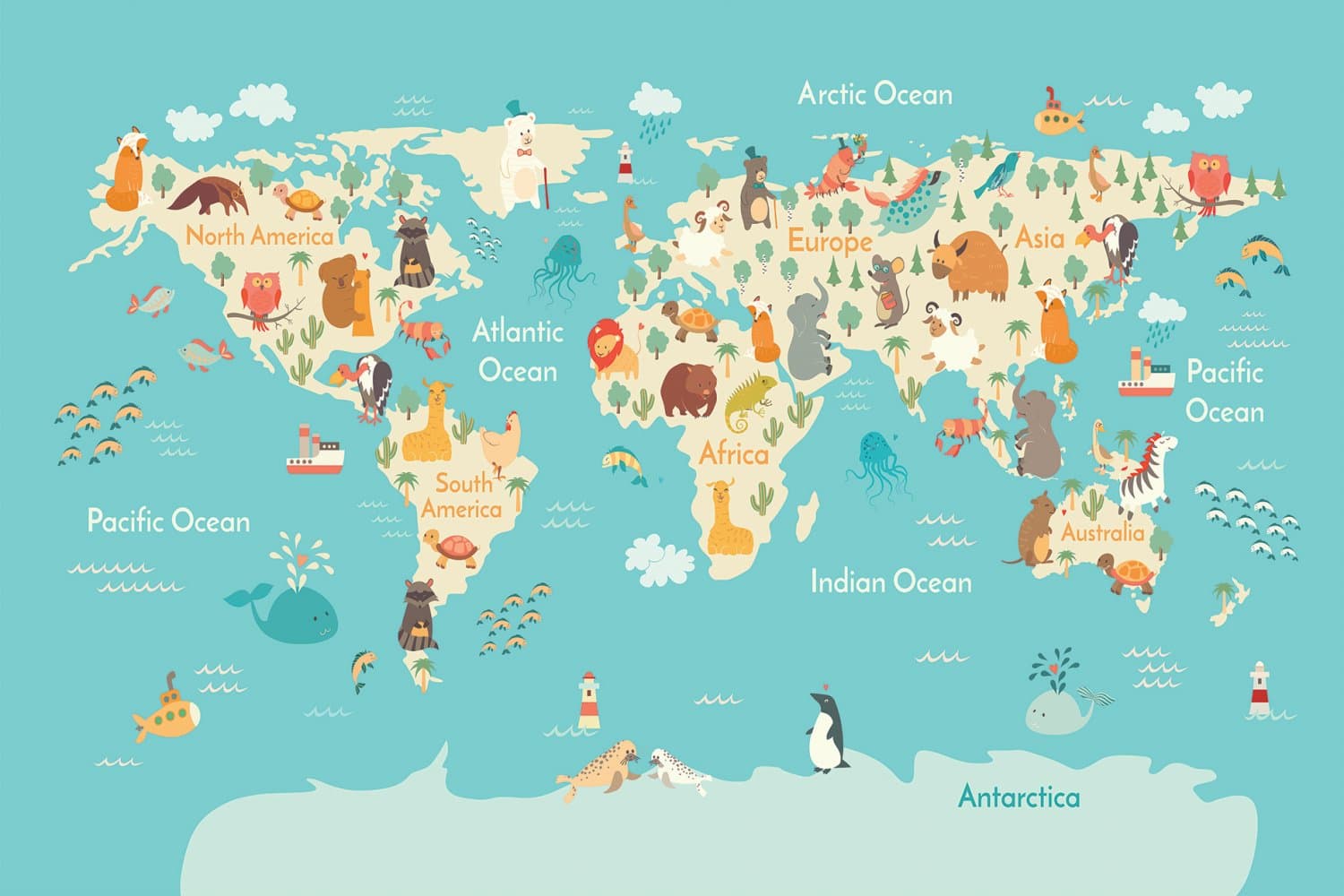 Barneteppe - World Map (blå/multi) (Størrelse: 160 x 230 cm)