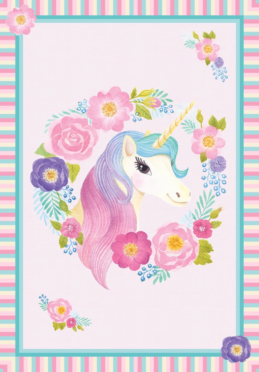 Barneteppe - Unicorn Flowers (rosa) (Størrelse: 140 x 200 cm)